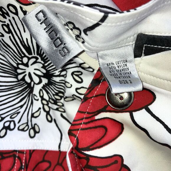 CHICO'S sz L / sz 2 Red White Black Khaki Floral Cotton Stretch Tunic Top Jacket - Picture 4 of 5